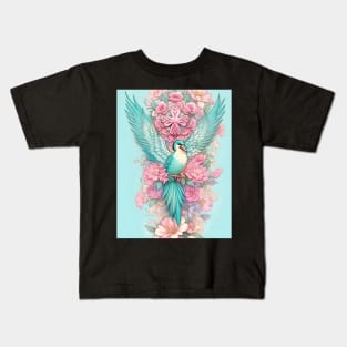 Teal bird with pink flowers Kids T-Shirt